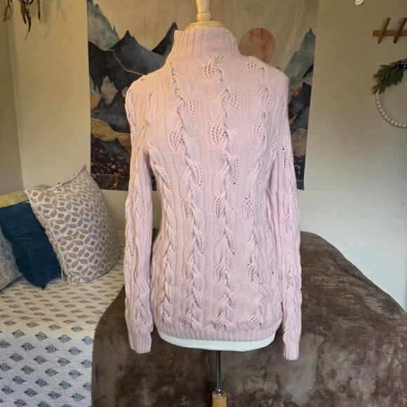 Neiman Marcus 100% Cashmere Sweater Large Pink Cable Knit Mock Neck Pullover - Picture 7 of 16